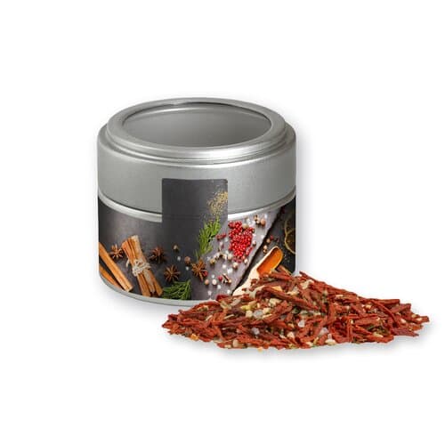 Bio Weihnachts Gewürzmischung Salat, ca. 50g, Metalldose Mini mit Sichtfenster silber
