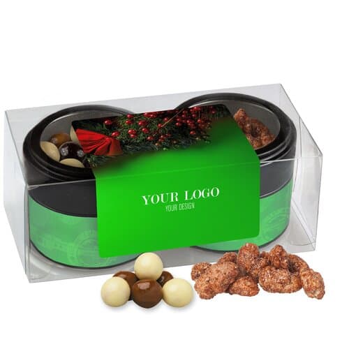 Bio Knusper Weihnachtsset mit feuergebrannten Mandeln und Knusperkugeln im MIx, ca. 105g, Metalldose Mini mit Sichtfenster im 2er Set