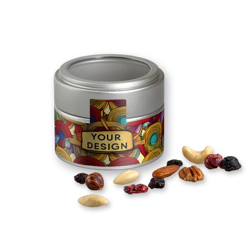 Premium Studentenfutter, ca. 60g, Metalldose Mini mit Sichtfenster silber