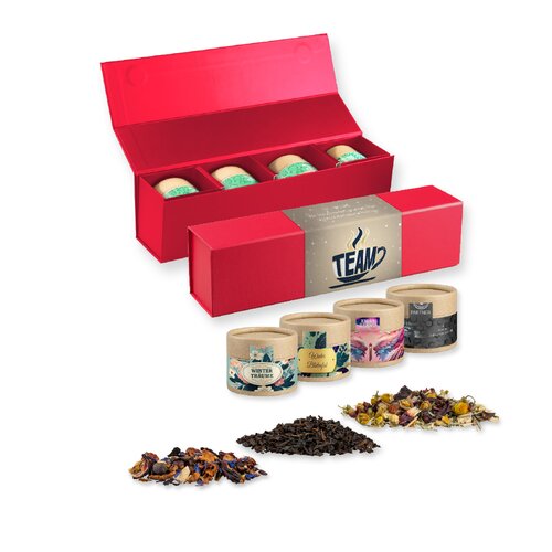 Verschiedene Teesorten, Bio und nicht-Bio, ca. 60-140g, Geschenk-Set Premium rot mit Magnetverschluss und 4 Kraftpapierdosen Mini