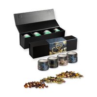 Verschiedene Teesorten Bio und nichtBio ca 60140g GeschenkSet Premium schwarz mit Magnetverschluss und 4 Metalldosen Mini mit Sichtfenster