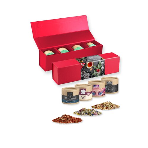 verschiedene Gewürzmischungen Bio und nicht Bio (Kategorie 2), ca. 40-160g, Geschenk-Set Premium rot mit Magnetverschluss und 4 Kraftpapierdosen Mini