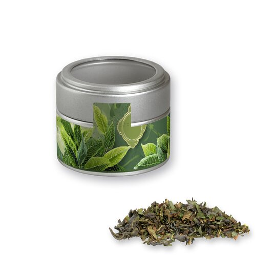 Bio Grüner Tee mit Minze, ca. 18g, Metalldose Mini mit Sichtfenster silber