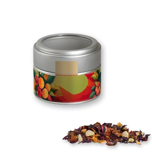 Bio Früchtetee gute Laune, ca. 30g, Metalldose Mini mit Sichtfenster silber