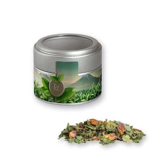 Bio Kräutertee Glücksgefühle, ca. 15g, Metalldose Mini mit Sichtfenster silber
