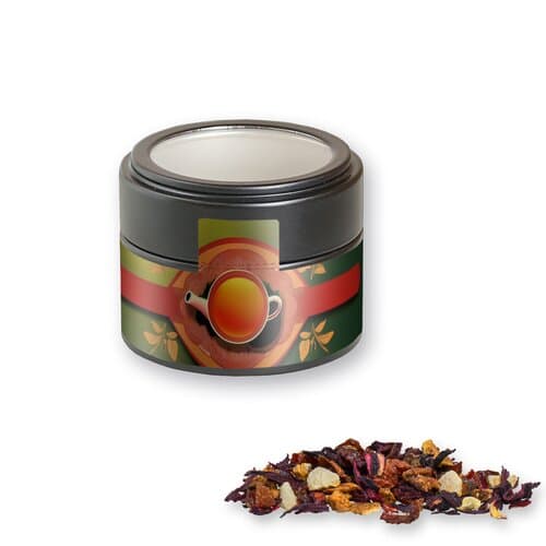 Bio Früchtetee gute Laune, ca. 30g, Metalldose Mini mit Sichtfenster schwarz