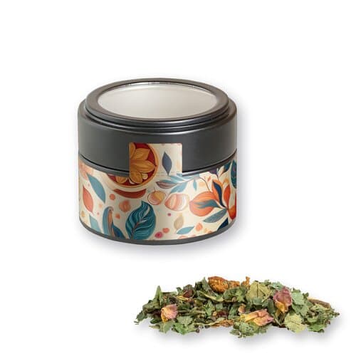 Bio Kräutertee Glücksgefühle, ca. 15g, Metalldose Mini mit Sichtfenster schwarz