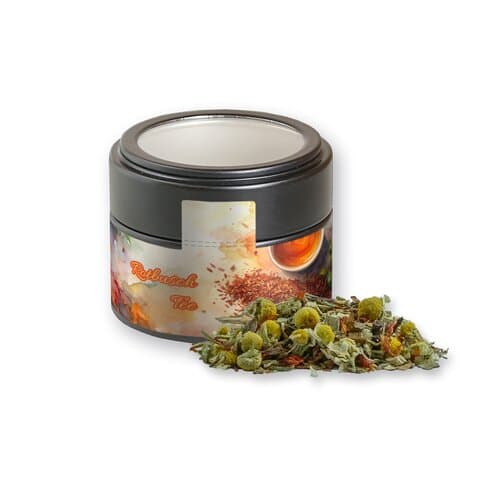 Bio Rotbuschtee Entspannungszeit, ca. 25g, Metalldose Mini mit Sichtfenster schwarz
