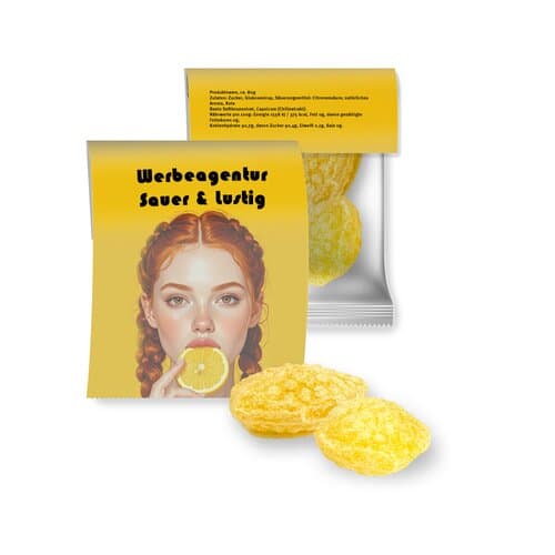 Zitronenbonbons mit Vitamin D, ca. 17g, Express Midi-Tüte mit Werbereiter