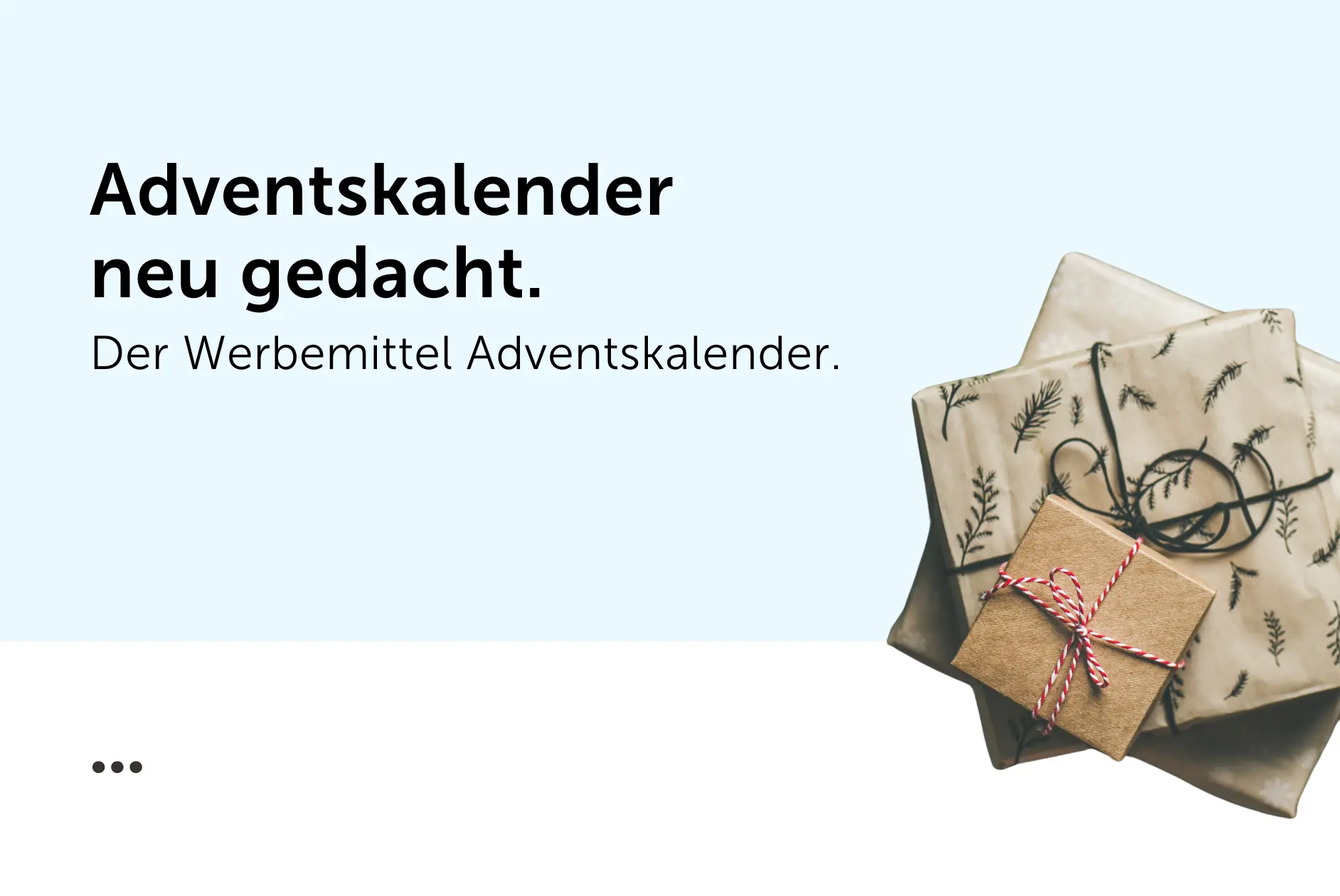 Headerbild mit Titel, Weihnachtsgeschenken auf blauem Hintergrund.
