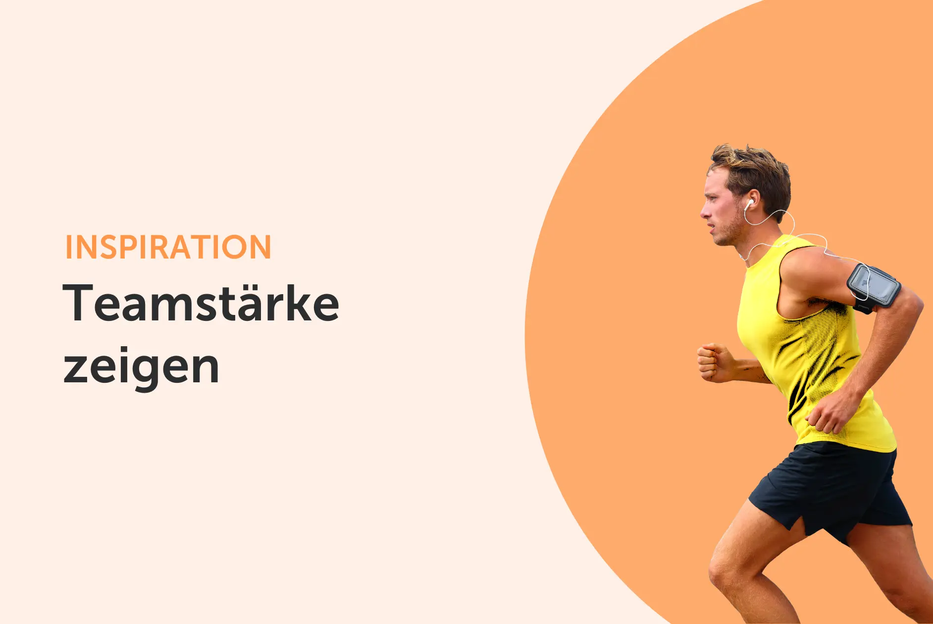 Headerbild mit Titel 'Teamstärke zeigen', sportliche, laufende Person auf orangenem Hintergrund.