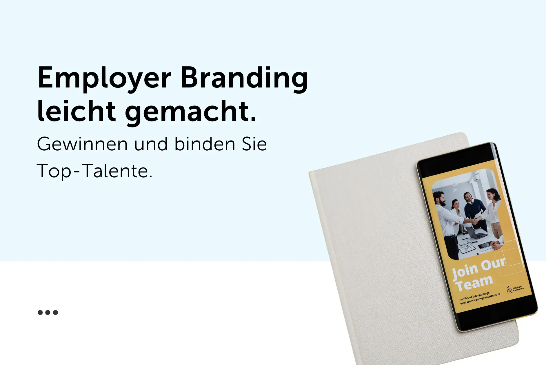 Headerbild mit Titel 'Employer Branding leicht gemacht', pastellfarbene Notizbücher auf blauem Hintergrund.