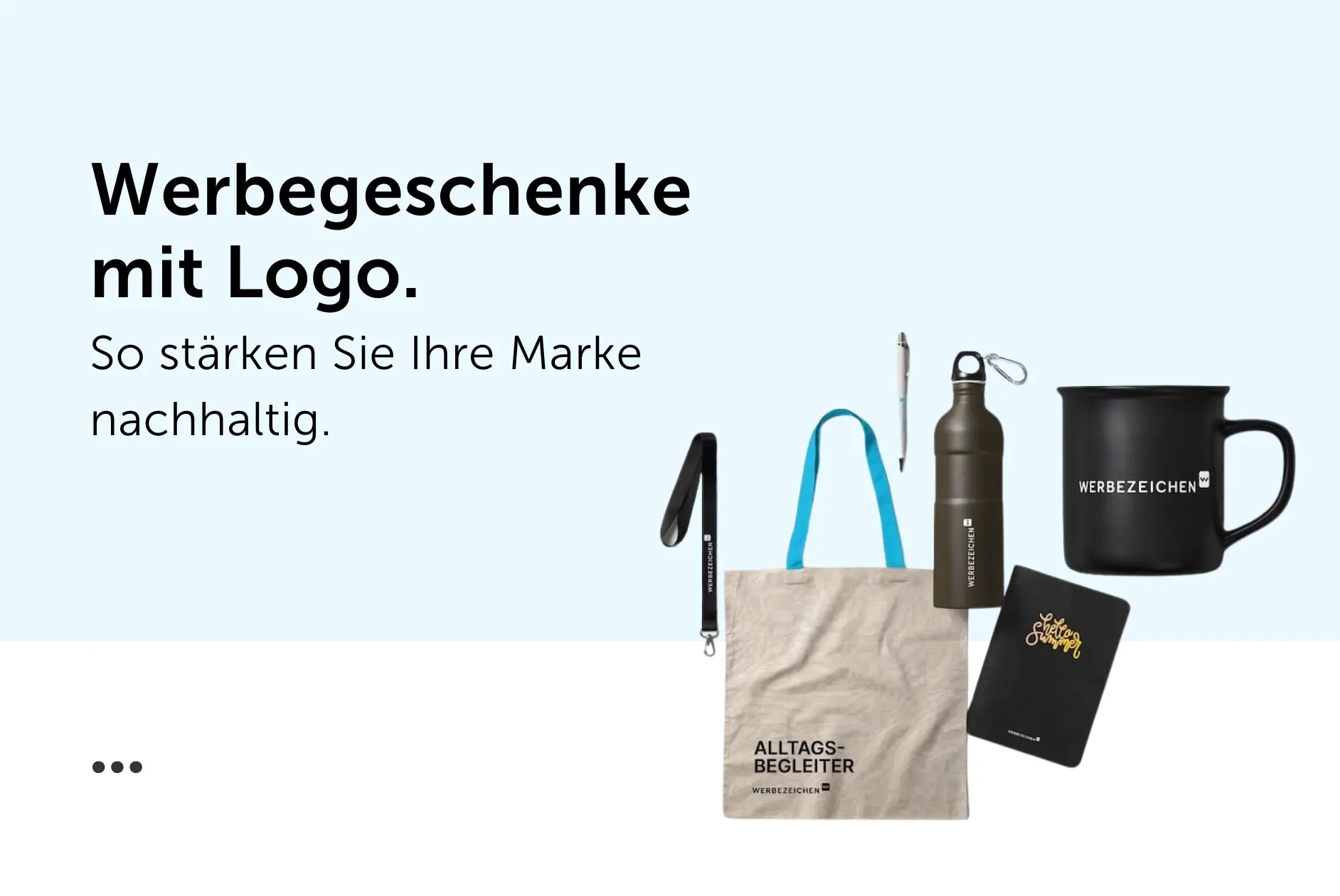 Headerbild mit Titel 'Werbegeschenke mit Logo', verschiedene Werbemittel mit Werbezeichen-Logo auf blauem Hintergrund.