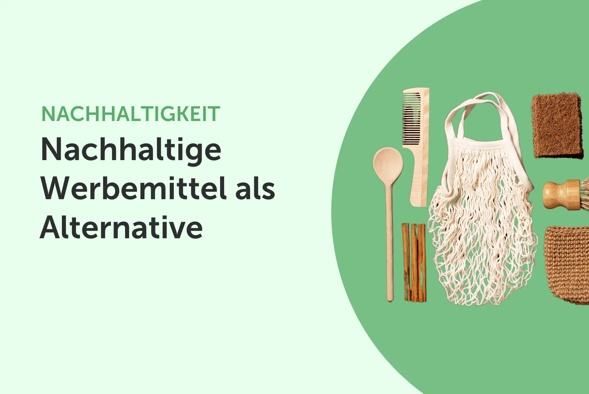 Headerbild mit Titel, nachhaltige Küchenutensilien auf grünem Hintergrund.