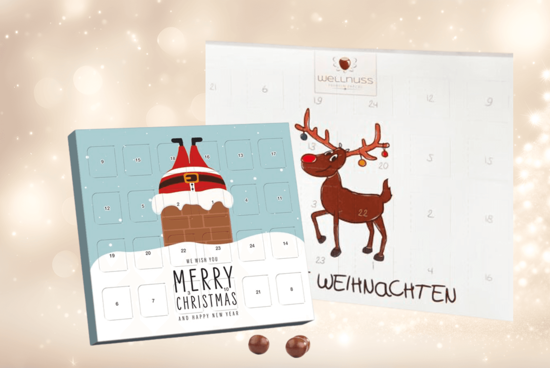 Adventskalender vor einem funkelnden Hintergrund