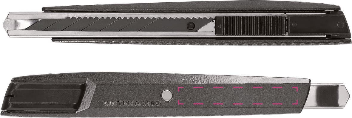 Cuttermesser "Corte" – Druckbeispiel Lasergravur, 1-farbig, 7,00 x 50,00 mm - rechts von Niete