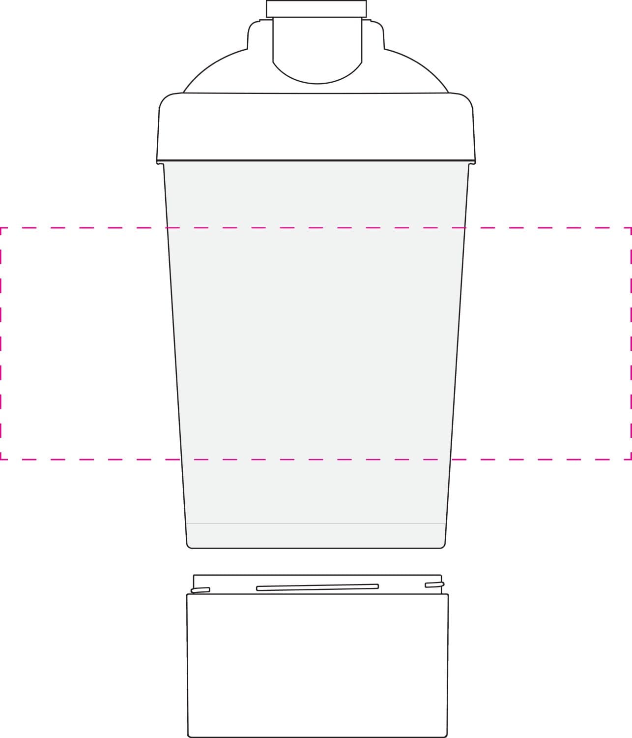 Shaker "Protein", Pro 1, 0,40 l – Druckbeispiel Siebdruck, 1-farbig, 70,00 x 190,00 mm - mittig seitlich gegenüber Skala