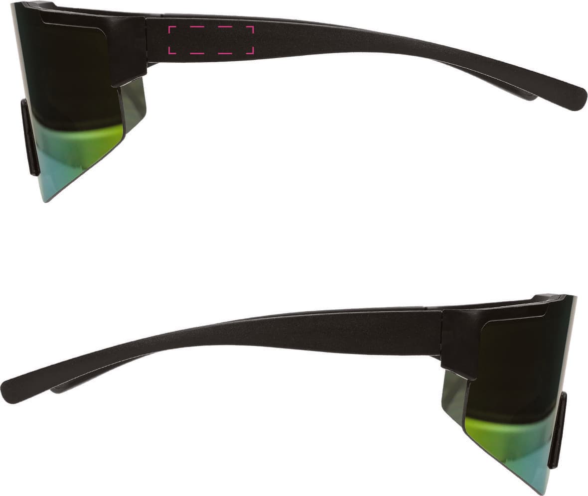 Sportbrille "Schnelle Brille" – Druckbeispiel Lasergravur, 8,00 x 25,00 mm - mittig auf linken Bügel