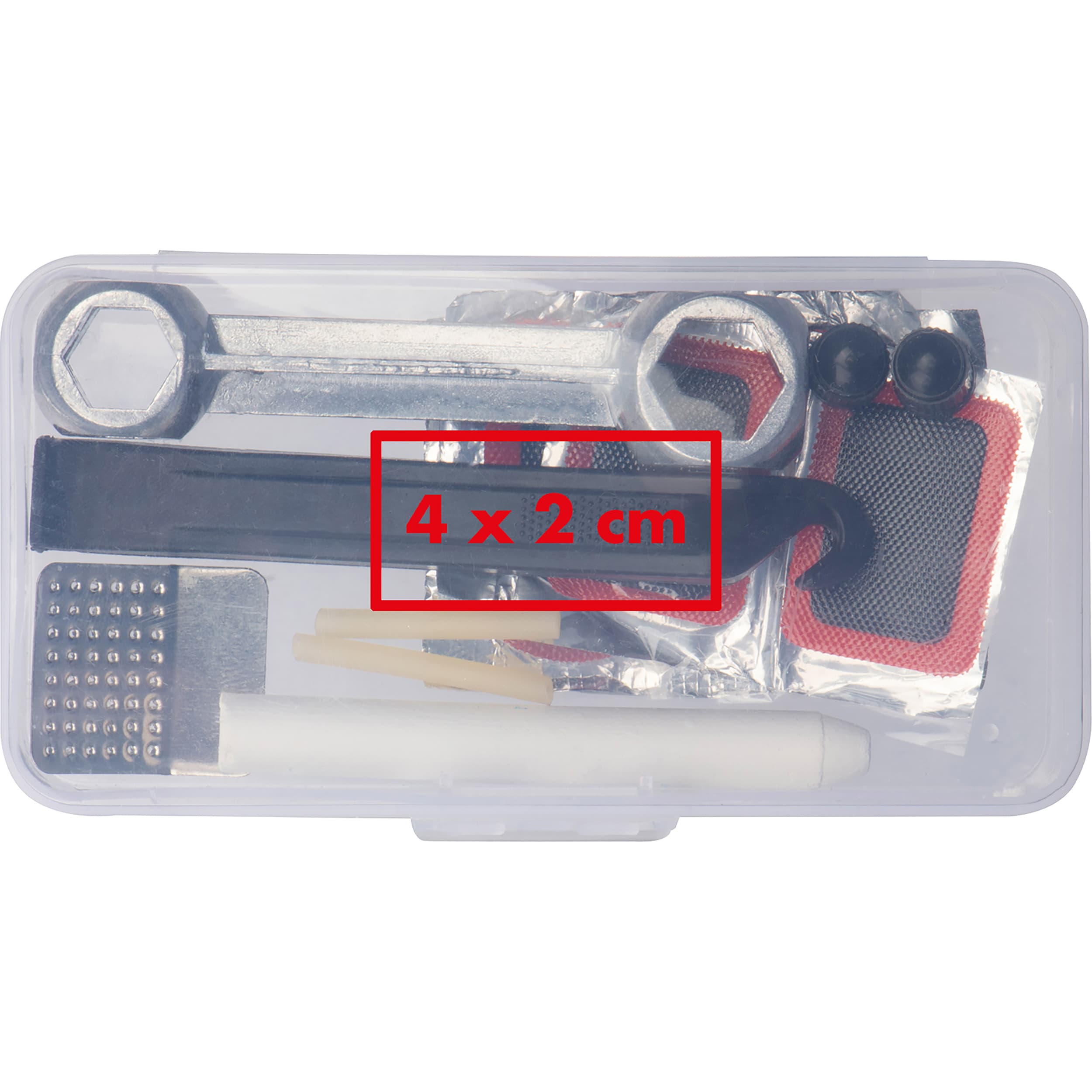 Fahrrad-Reparaturset Rochelle – Druckbeispiel Tampondruck, 4 x 2 cm - Auf dem Deckel