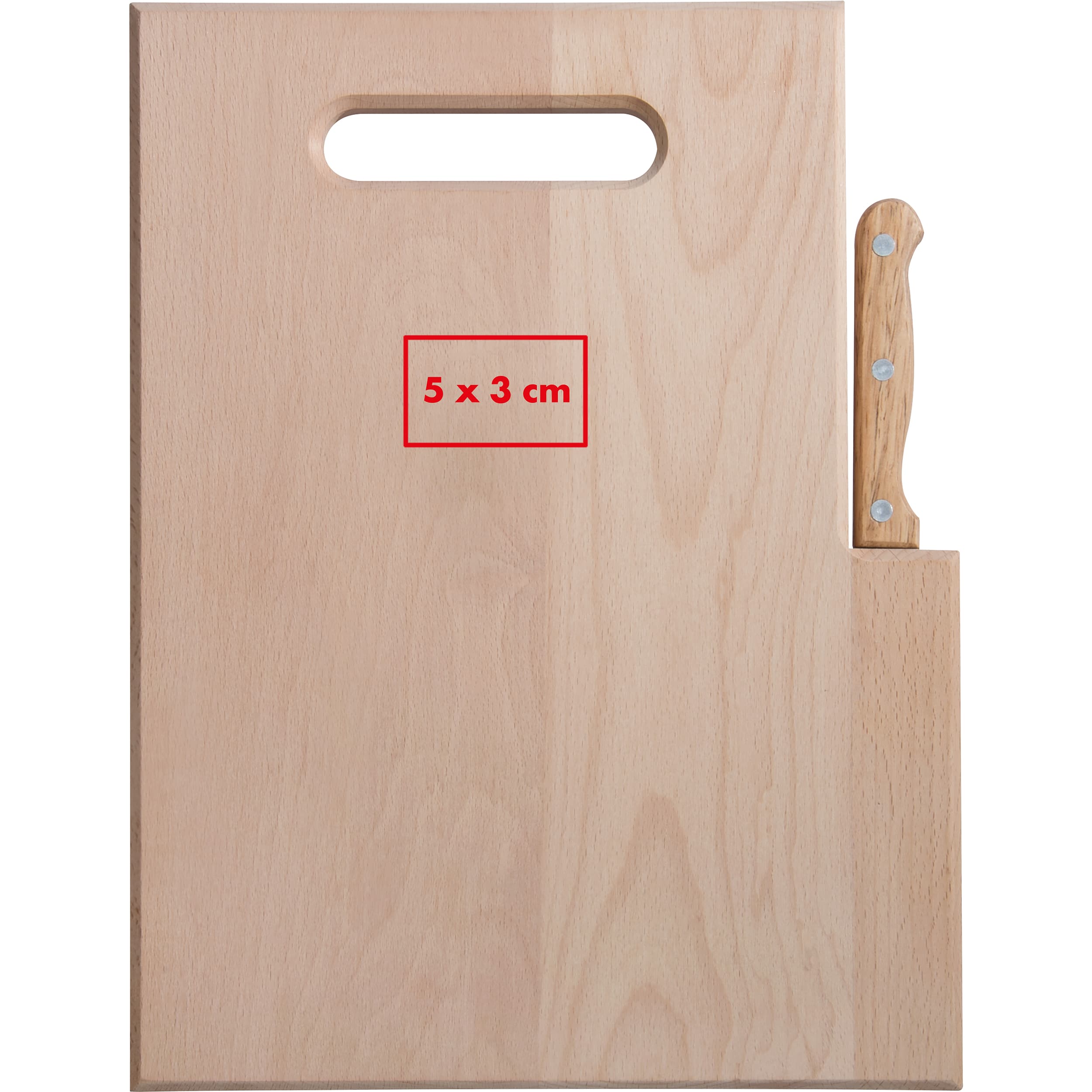 Holzbrett mit Messer Lizzano – Druckbeispiel Lasergravur, 1-farbig, 5 x 3 cm - Mittig auf einer Seite