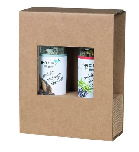 Holz-Aufsteller mit würzigen "Mini" Mühlen