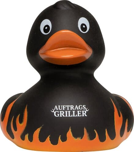 Quietsche-Ente Flammen mit Slogan Auftragsgriller