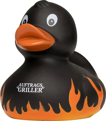 Quietsche-Ente Flammen mit Slogan Auftragsgriller