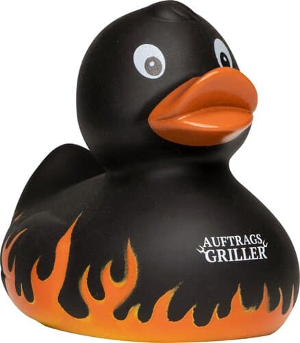 Quietsche-Ente Flammen mit Slogan Auftragsgriller