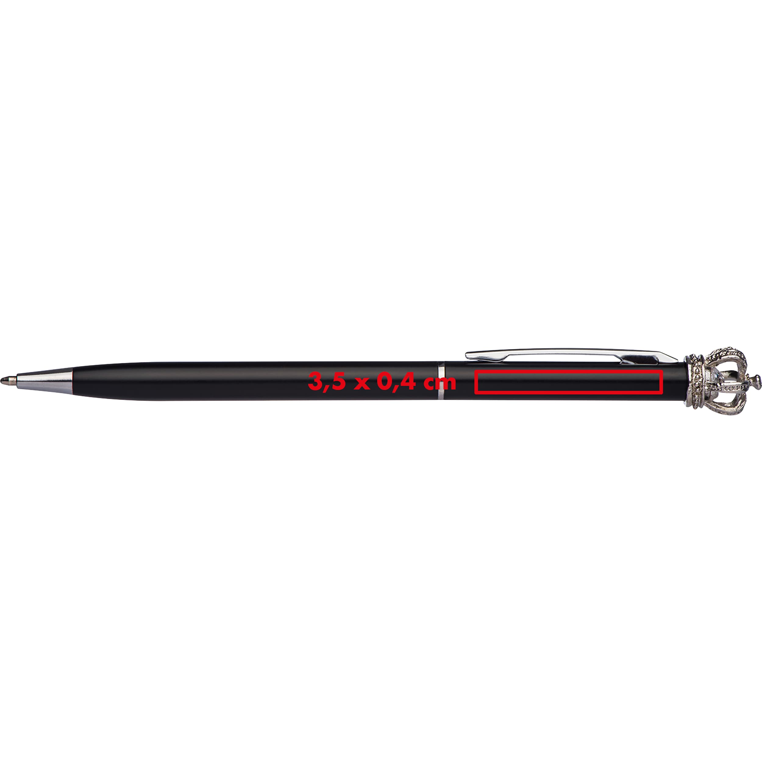 Kugelschreiber aus Metall mit Krone DYLAN – Druckbeispiel Tampondruck, 1-farbig, 3,5 x 0,4 cm - Neben dem Clip