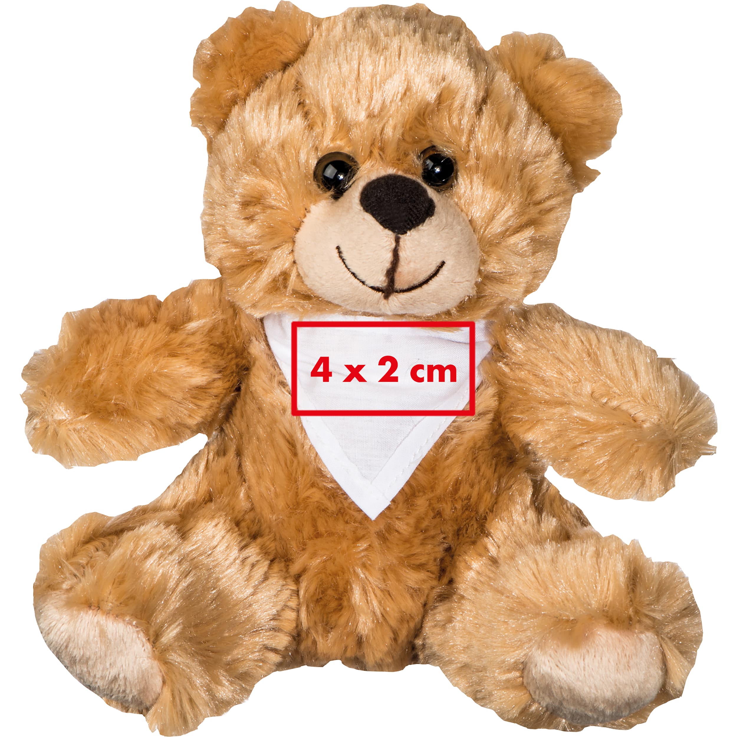 Teddybär Mama aus Plüsch BENIAMINO – Druckbeispiel Siebdrucktransfer, 1-farbig, 4 x 2 cm - Auf dem Tuch/Latz