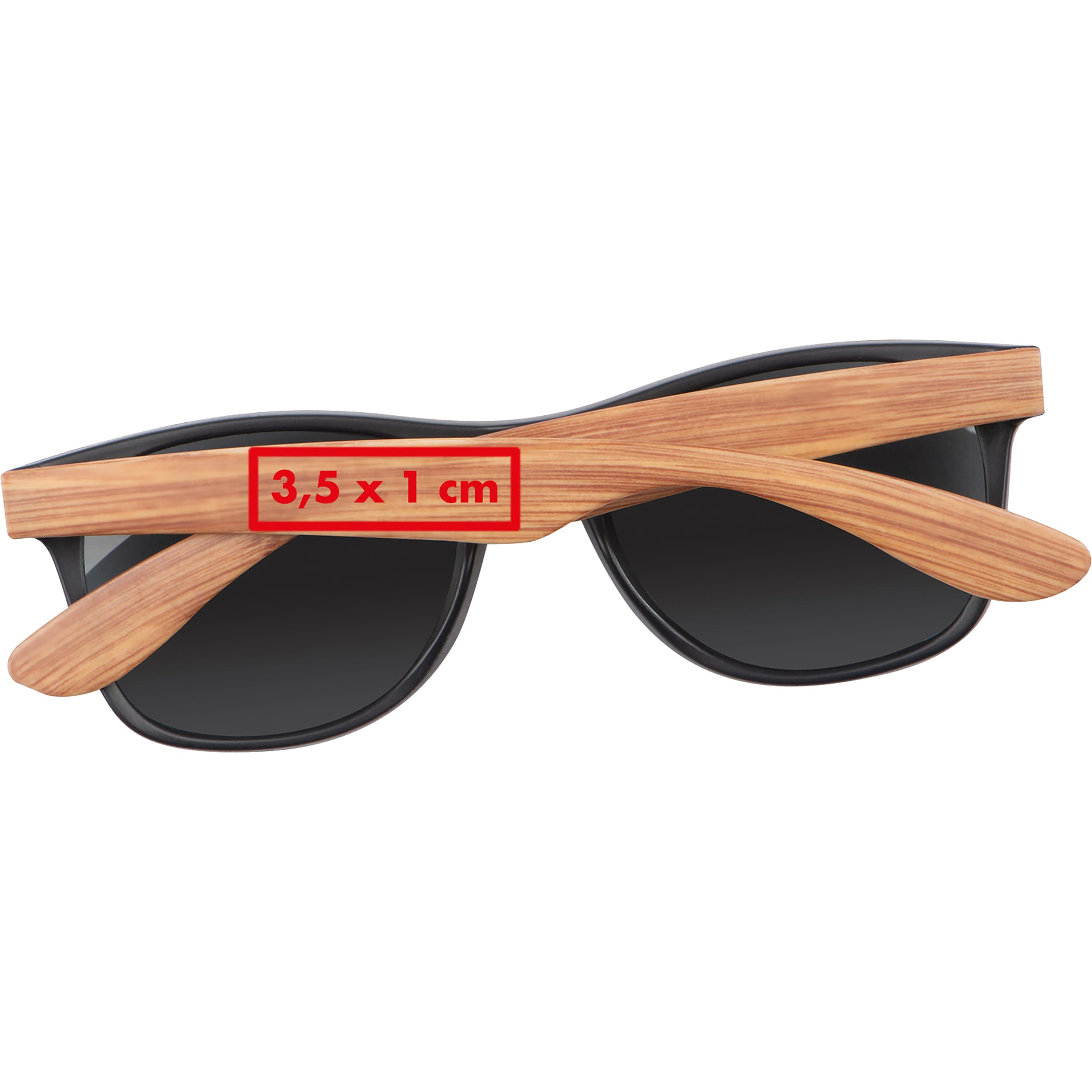 Sonnenbrille mit Bügeln in Bambusoptik GISELA – Druckbeispiel Tampondruck, 1-farbig, 3,5 x 1 cm - Auf dem Henkel