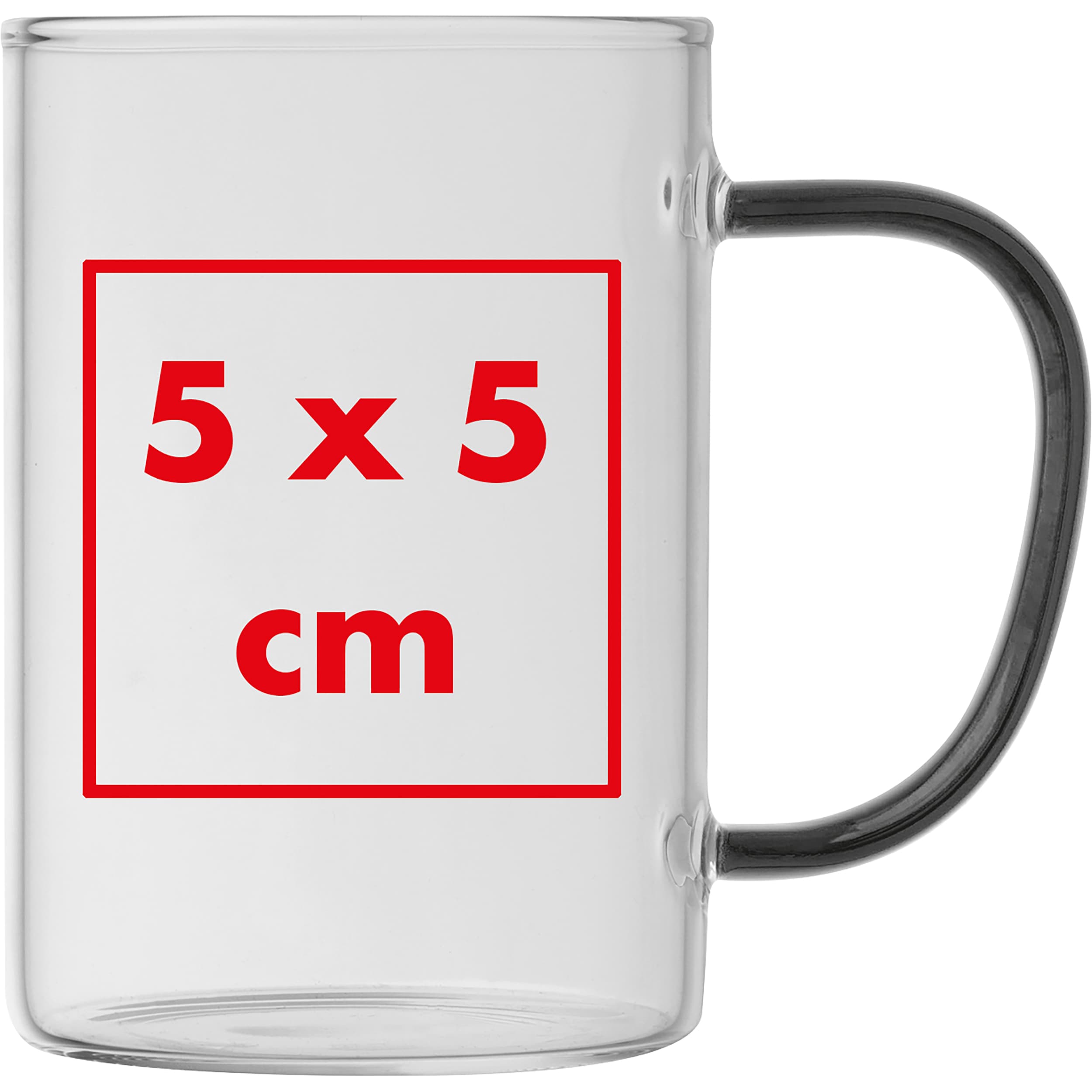 Glastasse mit farbigem Henkel, 250ml EDDA – Druckbeispiel Keramiktransfer mit Unterlegung, 1-farbig, 5 x 5 cm - Auf dem Becher