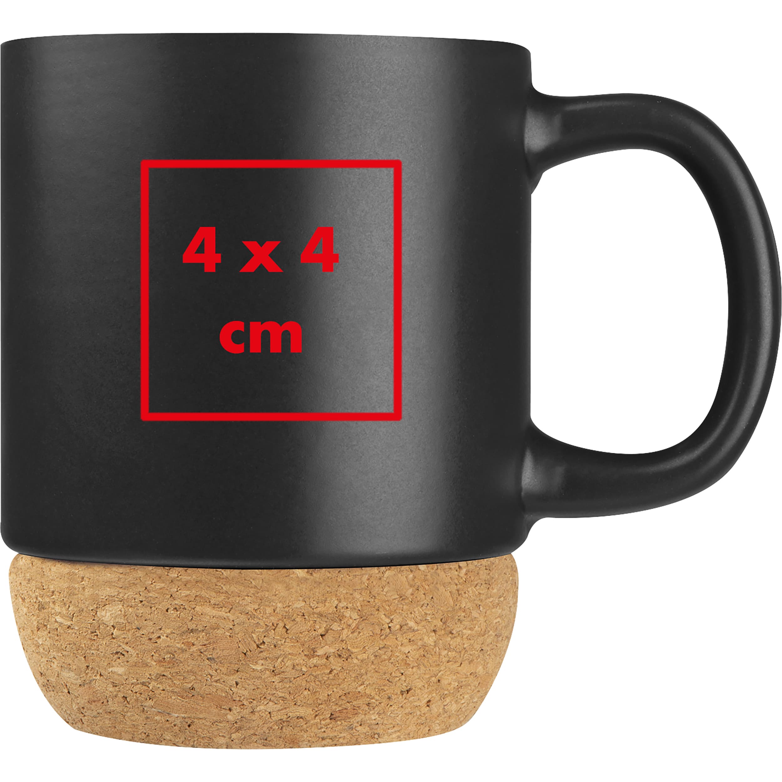 Tasse mit Korkbasis, 350ml THEODOR – Druckbeispiel Keramiktransfer mit Unterlegung, 1-farbig, 4 x 4 cm - Auf dem Becher