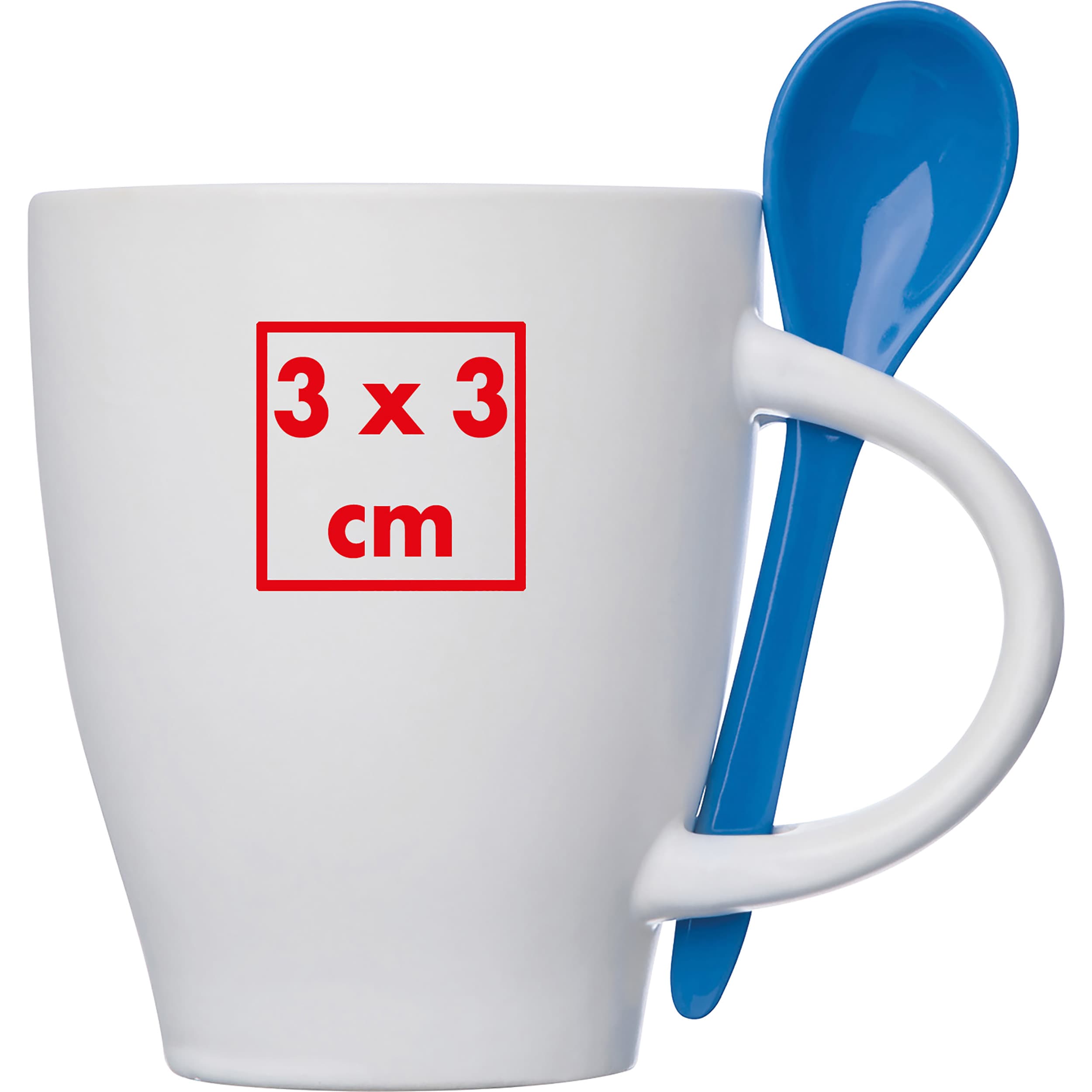 Tasse aus Porzellan mit Löffel, 250ml ARMANDO – Druckbeispiel Keramiktransfer, 1-farbig, 3 x 3 cm - Auf dem Becher