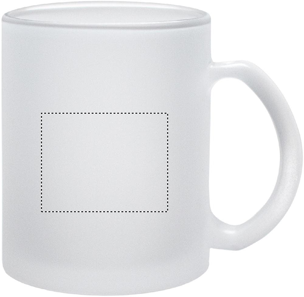 SUBLIMATT Kaffeebecher aus Glas 300 ml – Druckbeispiel Tampondruck, max. 45.0 x 35.0mm - RIGHT HANDED