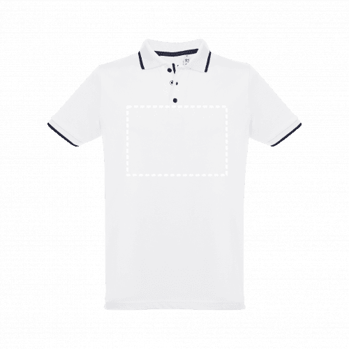 THC ROME WH. Zweifarbiges Baumwoll-Poloshirt für Männer. Weiße Farbe – Druckbeispiel Stickerei, 1-farbig, 10 x 6 cm - Brust
