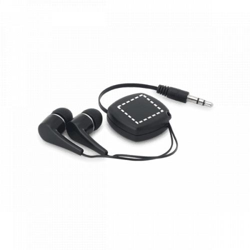 PINEL. In-Ear Kopfhörer mit ausziehbarem 0.75 Meter Kabel aus ABS – Druckbeispiel Tampondruck, 1-farbig, 18 x 18 mm - Vorderseite