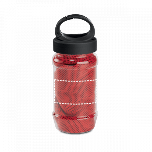 ARTX PLUS. Sporthandtuch aus Polyamid und Polyester mit Flasche (440 mL) aus PP und PET und einem integrierten Karabinerhaken am Deckel – Druckbeispiel Siebdruck, 170 x 35 mm - Körper