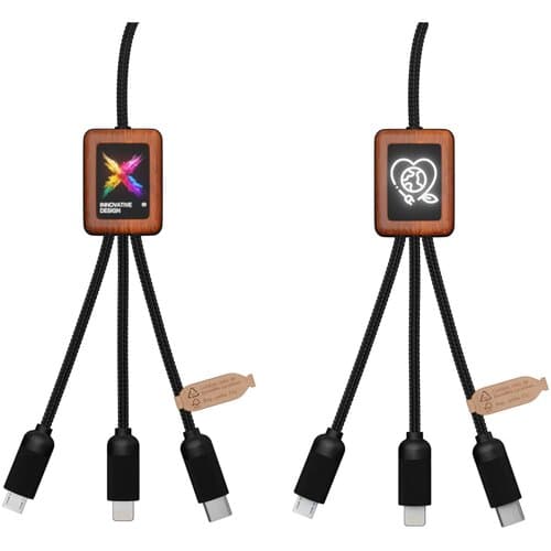 SCX.design C38 40W 5-in-1 Ladekabel aus rPET in quadratischem Bambusgehäuse mit Leuchtlogo