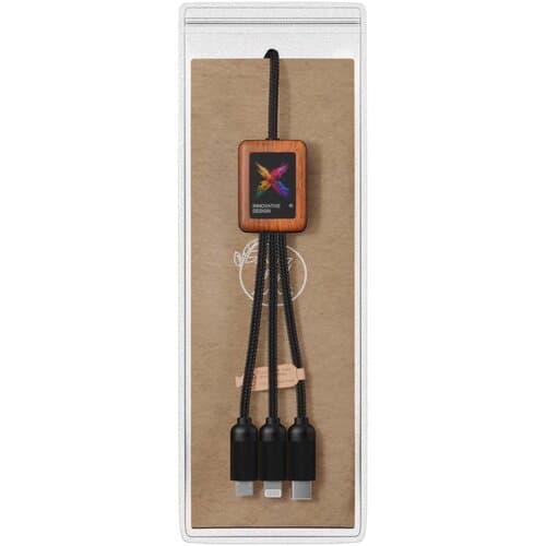 SCX.design C38 40W 5-in-1 Ladekabel aus rPET in quadratischem Bambusgehäuse mit Leuchtlogo