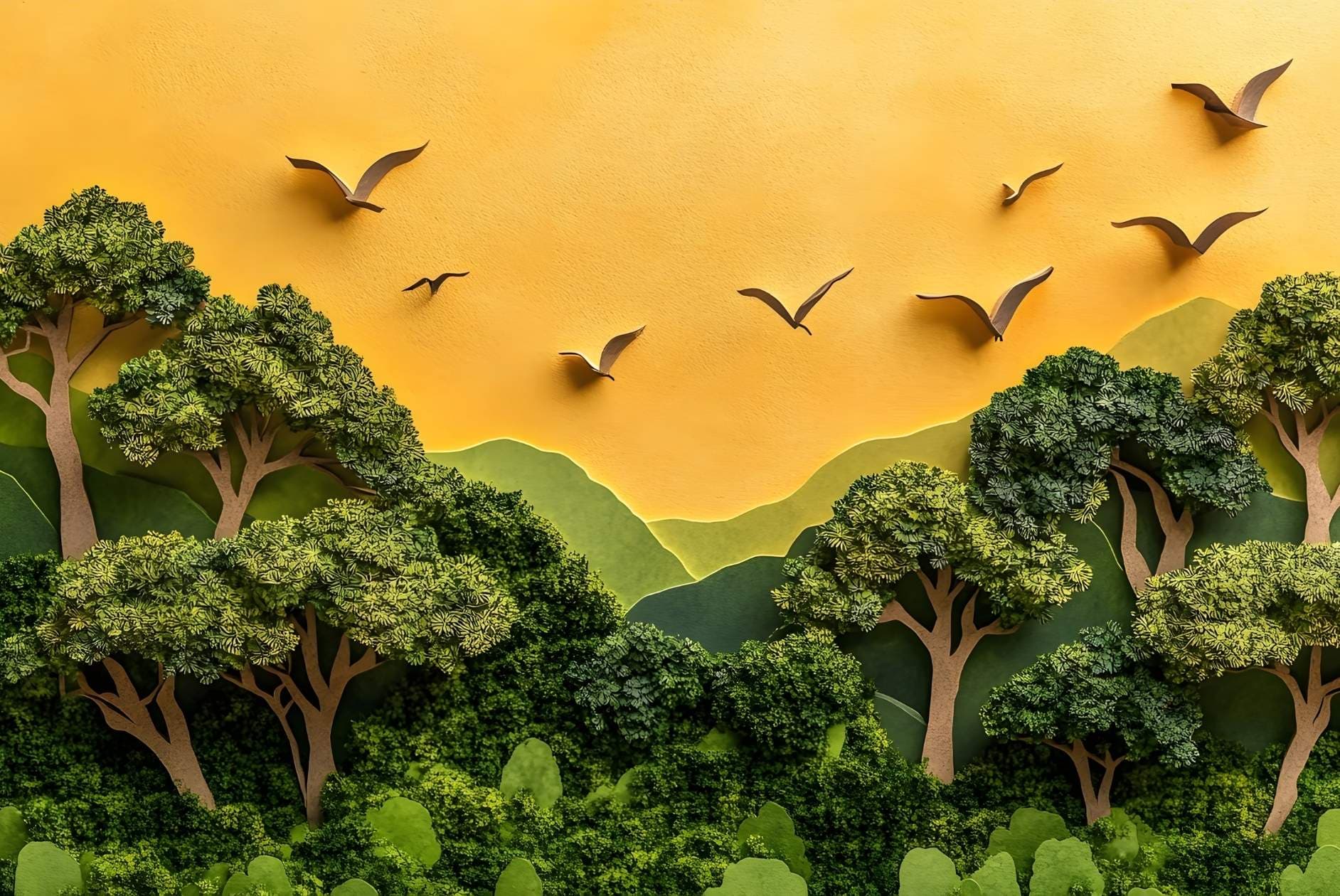Header: Gebastelte Wälder und Vögel aus Papier