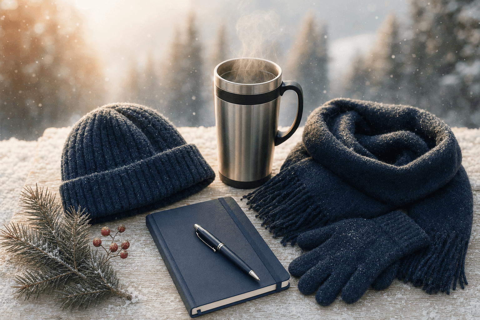Header: Winter Werbemittel Produkte in einer Winterlandschaft