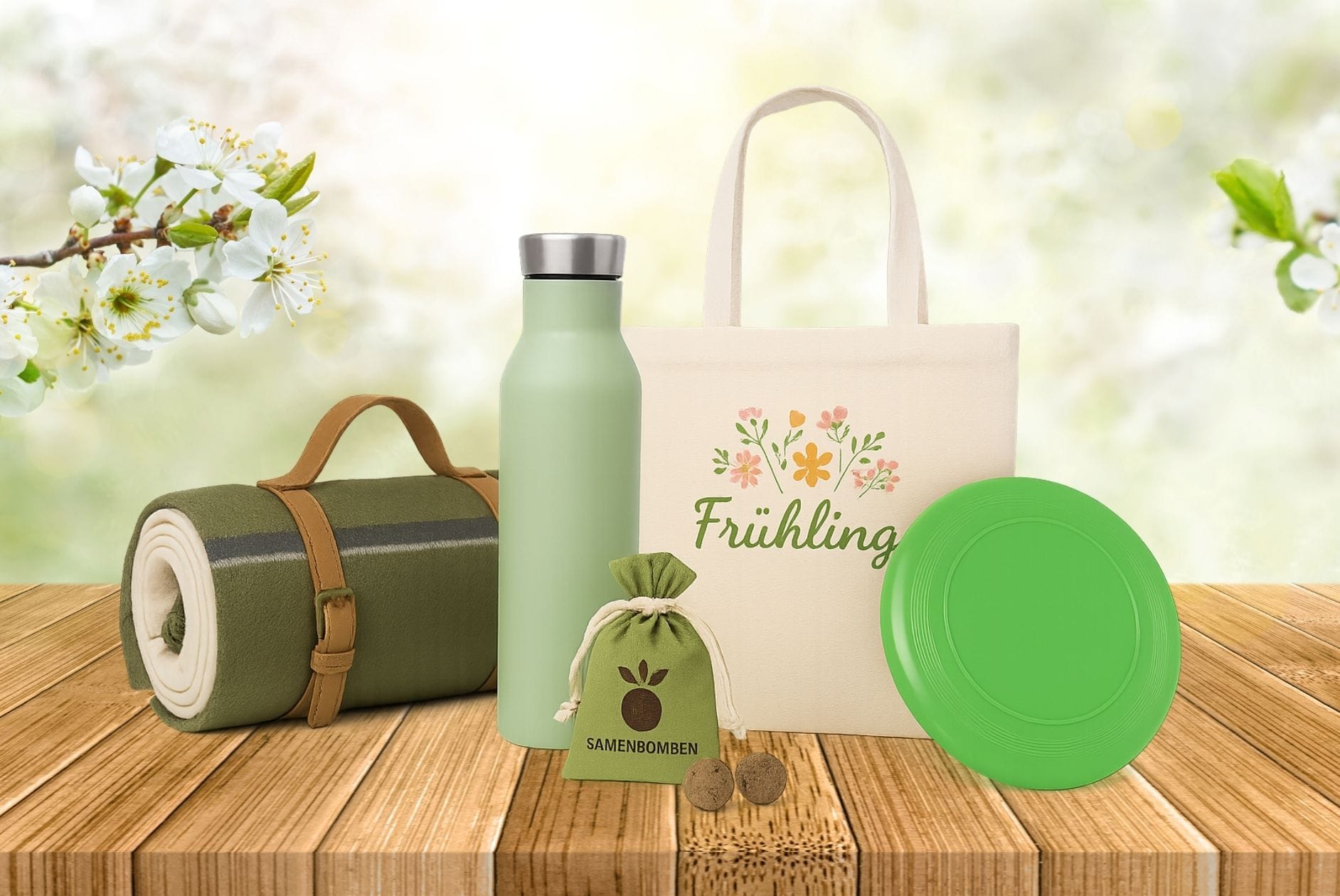 Header: Produkte für den Frühling auf einem Tisch im Freien
