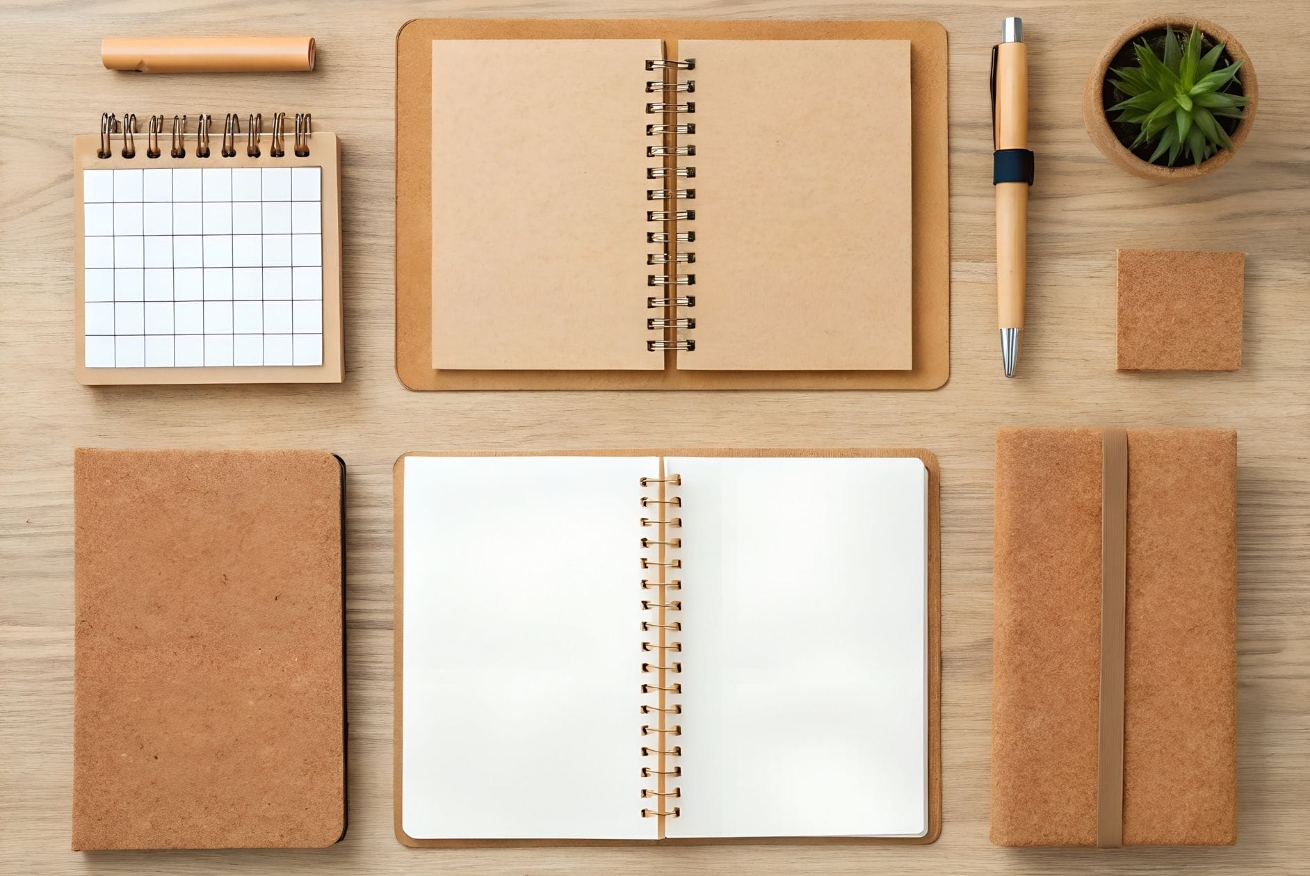 Headerbild mit Büchern und Stiften aus nachhaltigen Materialien mit einer Pflanze